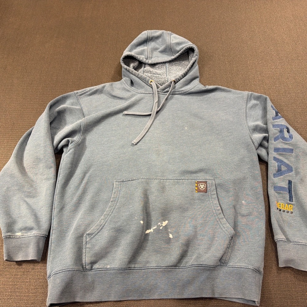 Ariat Rebar pullover work hoodie Men's Medium Blue Bleach Spots